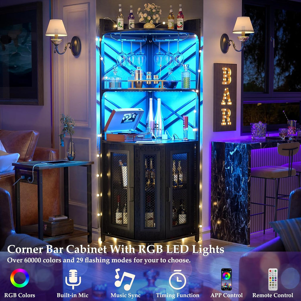 Aheaplus Corner Bar Cabinet with Power Outlet, Industrial Wine Cabinet with LED Strip and Glass Holder, 5-Tiers Liquor Cabinet Bar Unit for Home, Corner Display Cabinet for Small Space, White Oak wourant