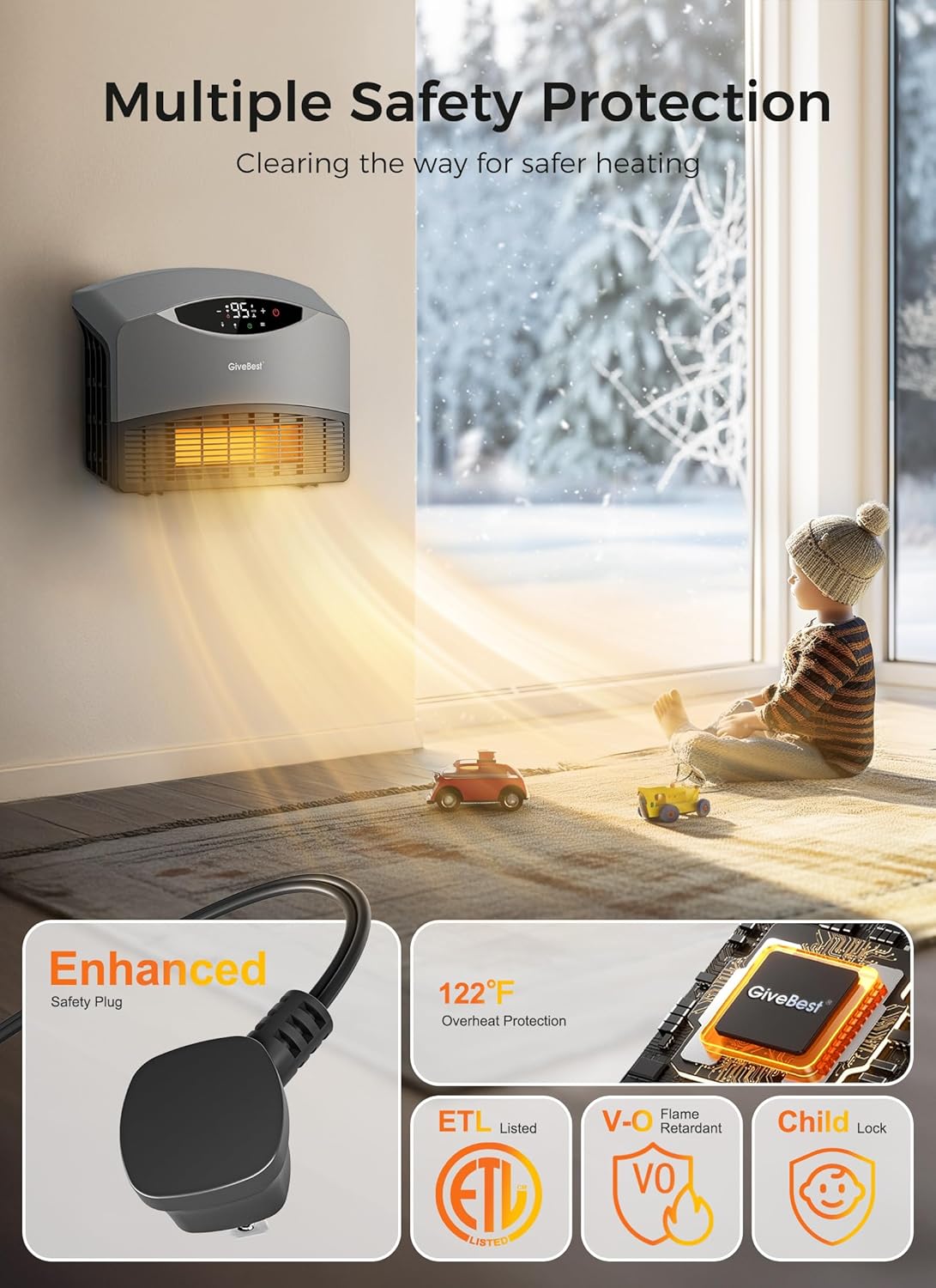 GiveBest Electric Wall Heater with WiFi and Remote Control, Floor or Wall Mounted Heater, Large Room Coverage, 3 Heating Modes, 1500W Fast Heating Space with Thermostat for Indoor Room Use wourant