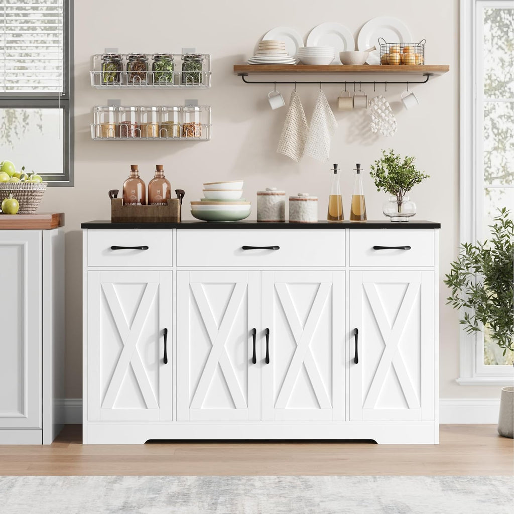 HOSTACK Buffet Cabinet with Drawers, 55" Large Sideboard Buffet Storage Cabinet with Shelves and Doors, Modern Farmhouse Coffee Bar Station Wood Kitchen Table for Kitchen, Dining Room, White/Rustic wourant