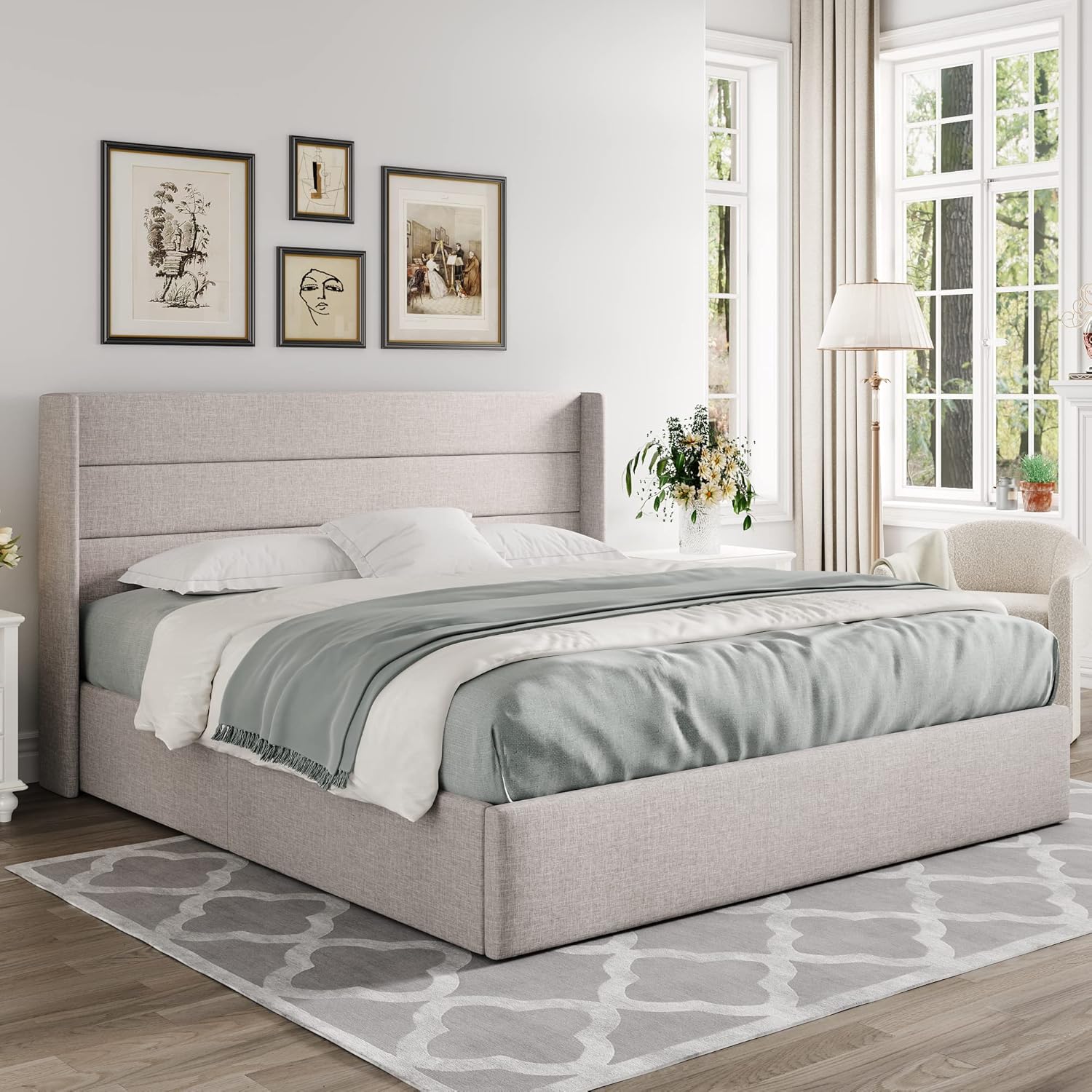 Allewie Queen Size Lift Up Storage Bed Modern Wingback Headboard Hydraulic Support wourant
