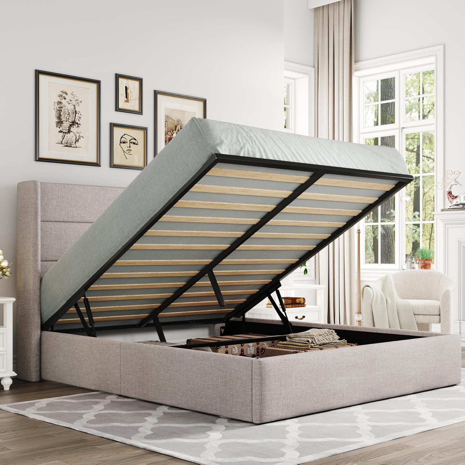 Allewie Queen Size Lift Up Storage Bed Modern Wingback Headboard Hydraulic Support wourant
