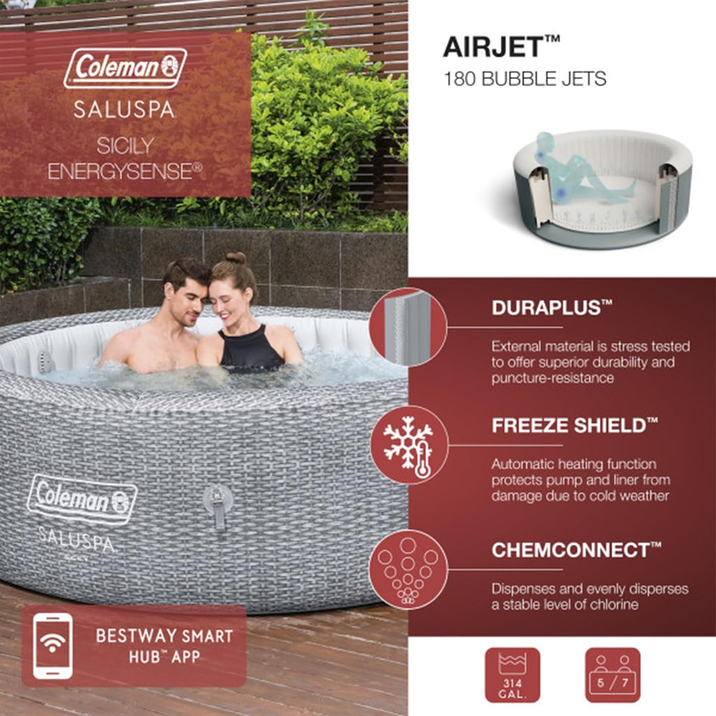 SaluSpa Sicily AirJet 7 Person Inflatable Hot Tub Round Portable Outdoor Spa with 180 Soothing AirJets and Insulated Cover, Gray wourant