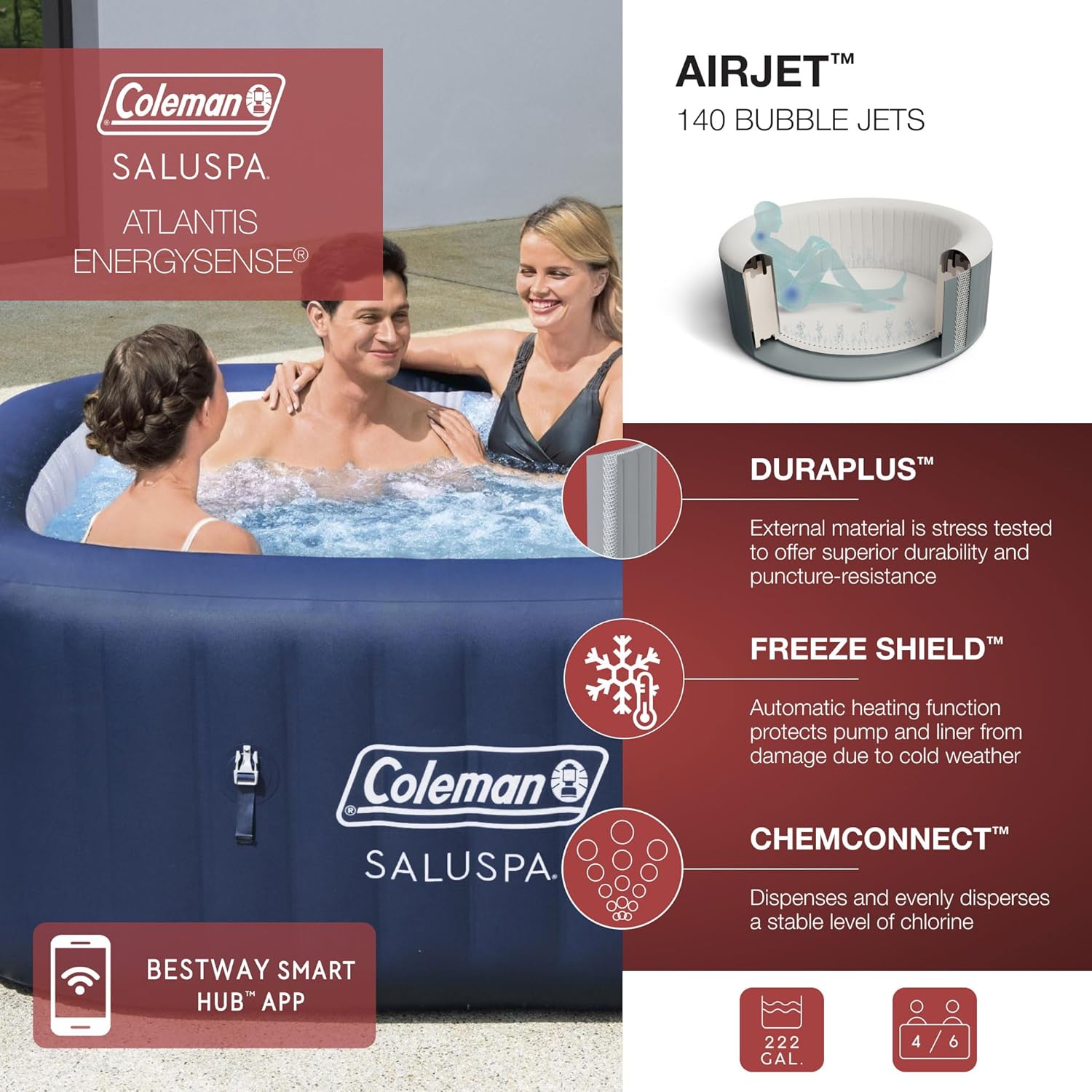 Coleman SaluSpa Atlantis AirJet 4 to 6 Person Inflatable Hot Tub Square Portable Outdoor Spa with 140 Soothing Jets with Cover, Blue wourant