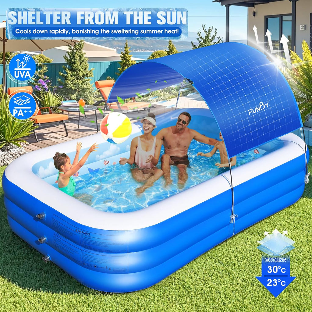Inflatable Pool with Canopy,Upgraded Inflatable Swimming Pool for Kids,Adult,Large Inflatable Blow up Pools,Ocean Theme Oversized Thickened 105"x75"x25"Inflatable Family Pools for Backyard-Blue wourant