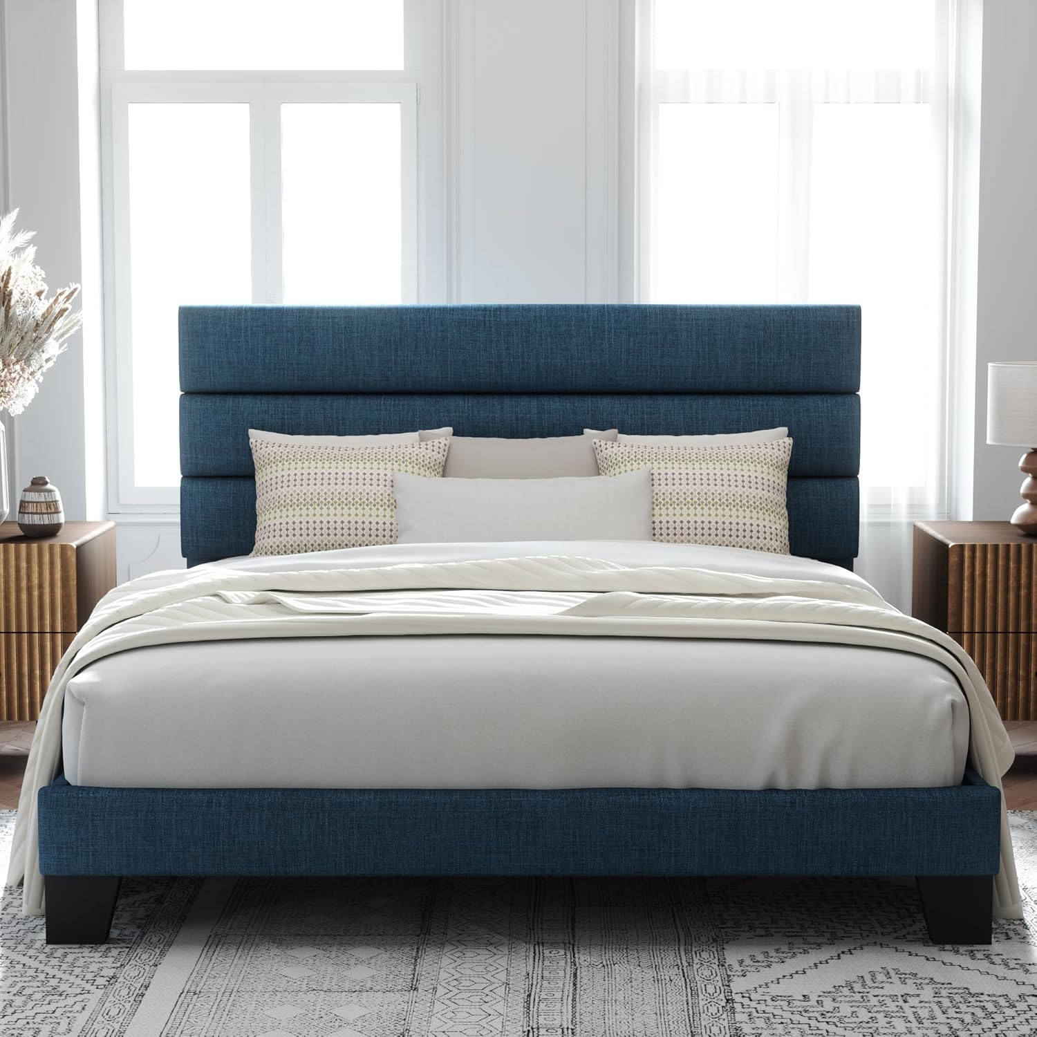 Allewie Queen Size Platform Bed Frame Fabric Upholstered Headboard Wooden Slats Support wourant