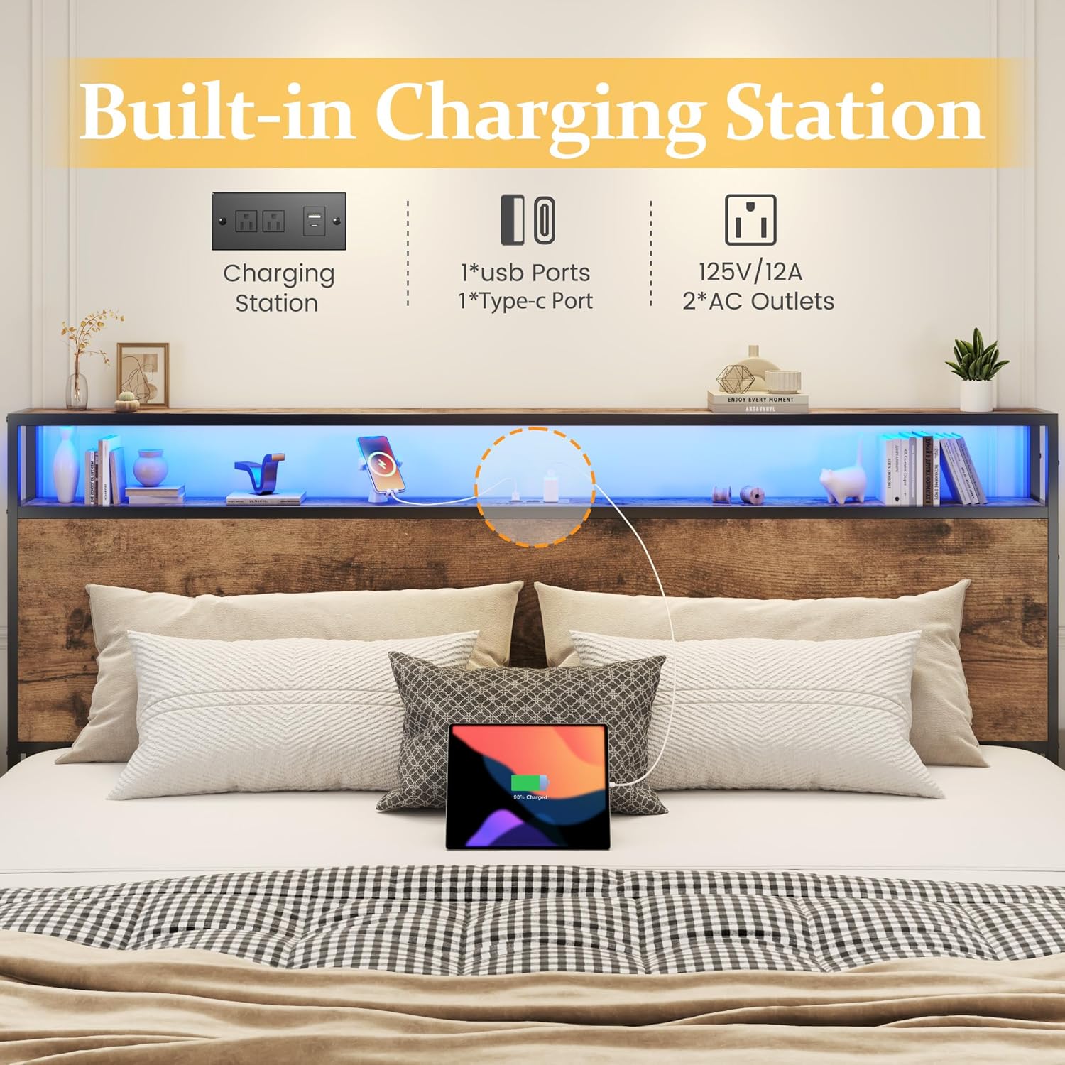 Lifezone Queen Bed Frame with 2-Tier Storage Headboard, Metal Platform Bed Frame with 4 Storage Drawers, Built in Charging Station & LED, Noise-Free/Metal Support/No Box Spring Needed wourant