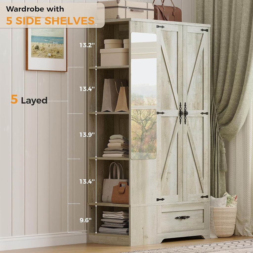 ANCTOR Armoire Wardrobe Closet with Mirror, 70" H Wooden Bedroom Armoires and Wardrobes wourant
