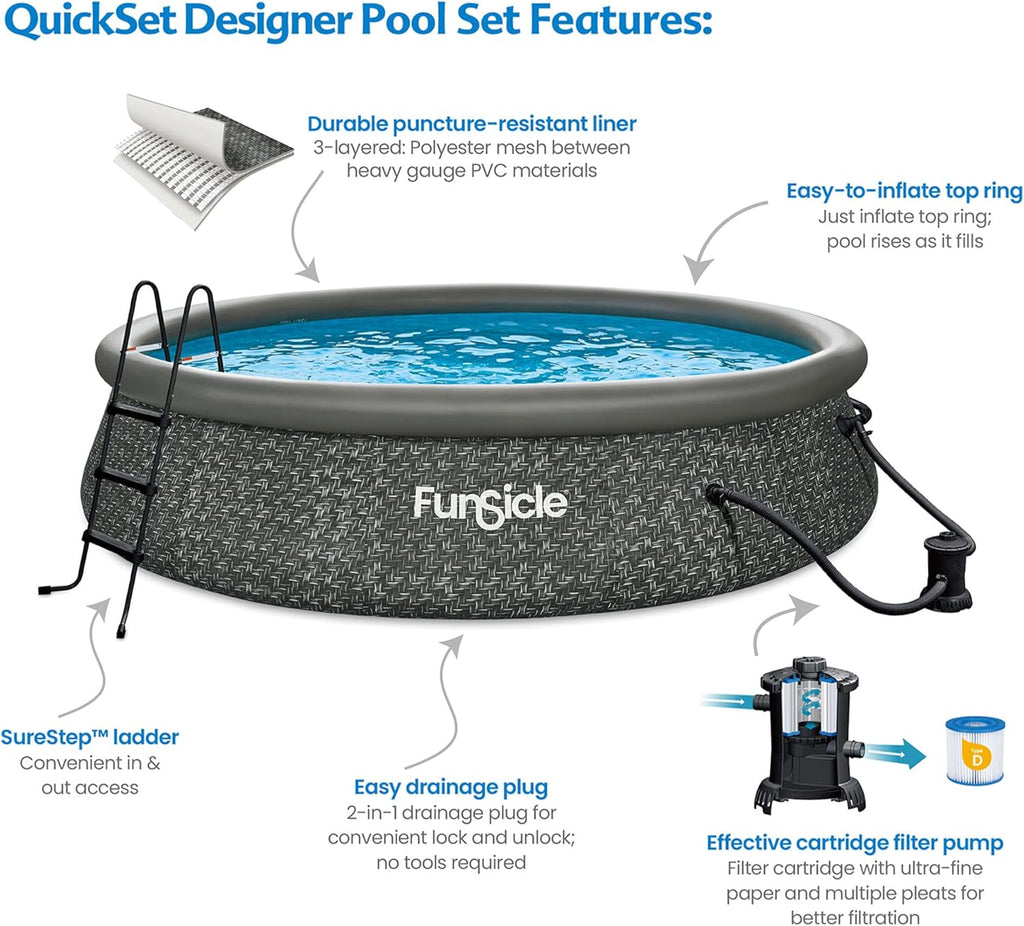 Funsicle 12 Foot by 36 Inch Quickset Round Inflatable Ring Top Outdoor Above Ground Swimming Pool Set with Pump and Cartridge Filter, Dark Herringbone wourant