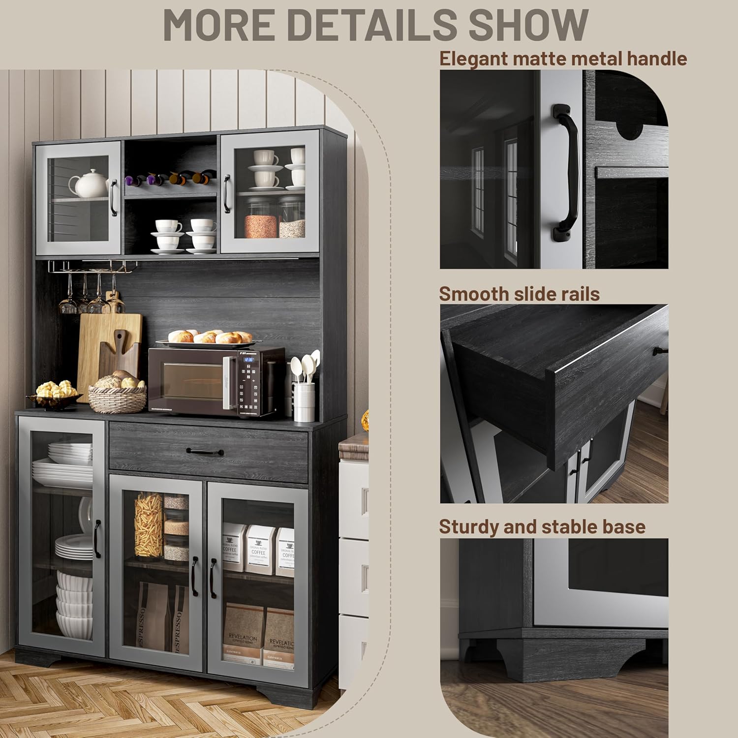 Kitchen Hutch Pantry Cabinet 71" Tall with Glass Doors wourant