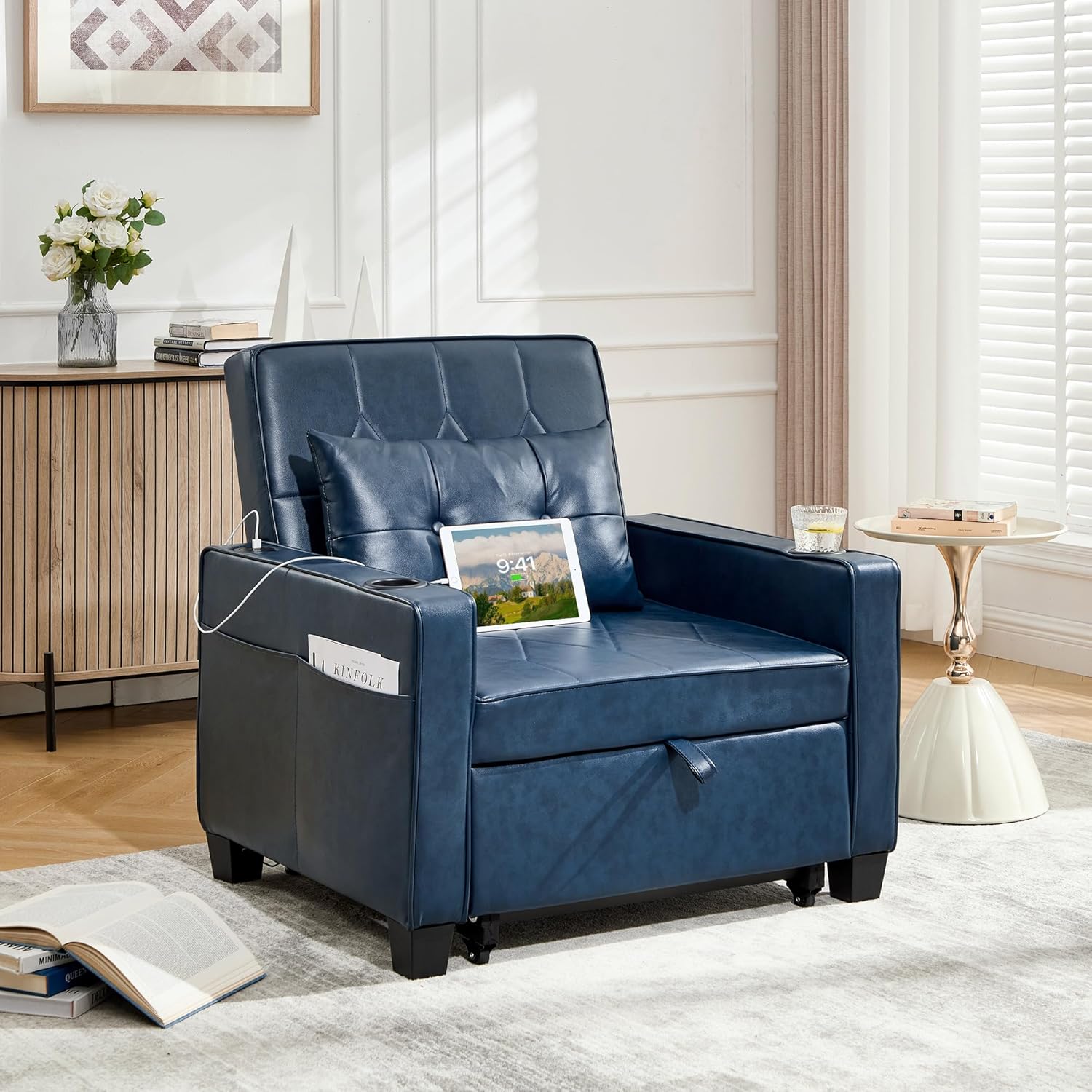 Adult Convertible Sleeper Chair Bed, 3-in-1 Pull-Out Sofa Bed with USB/Type-C Ports, Cup Holders, Side Pockets, Single Sofa wourant