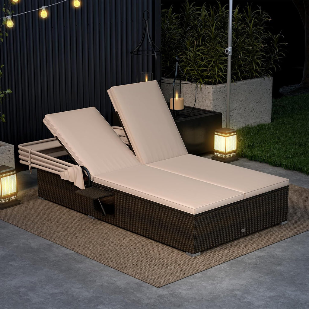 RELAX4LIFE Outdoor Daybed Retractable Canopy Wicker Double Chaise Lounge 6-Position Backrest wourant