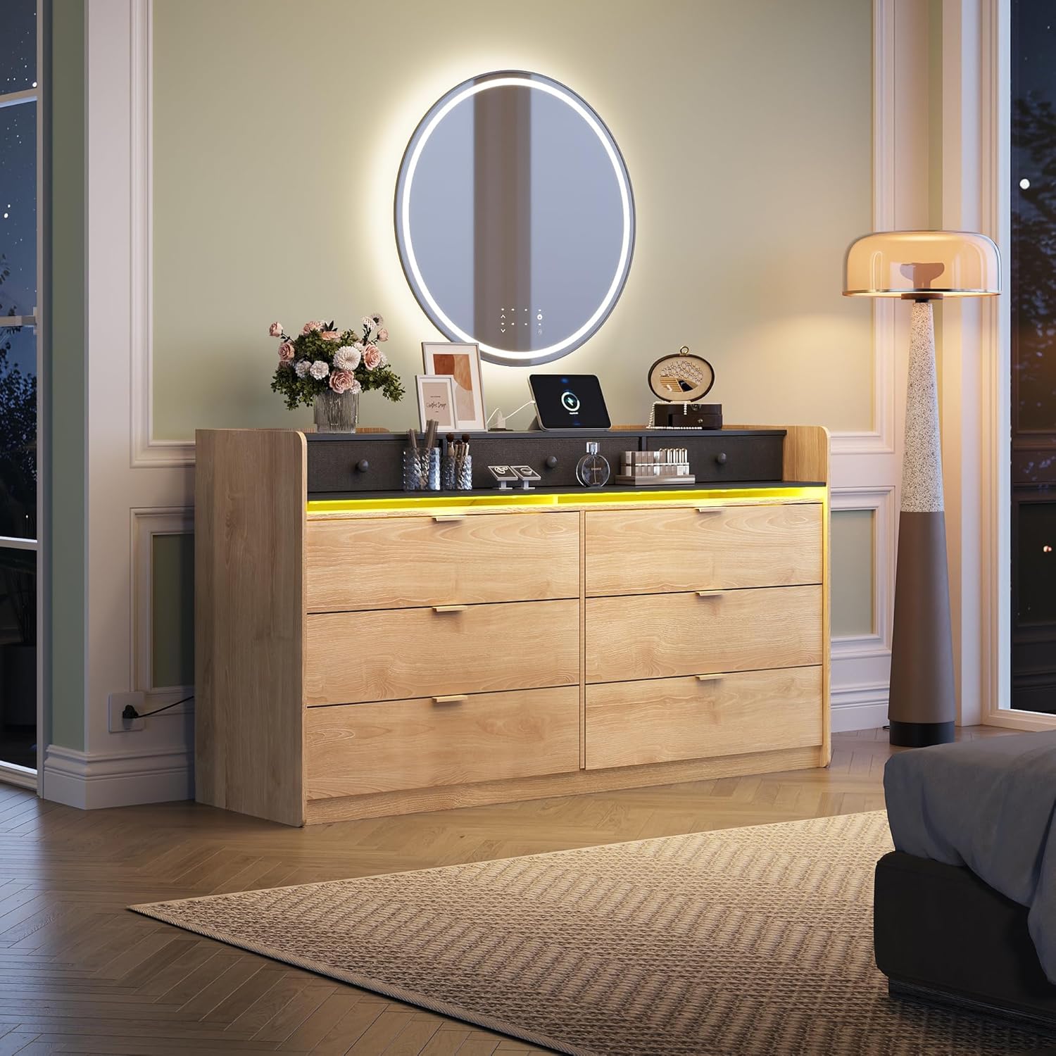 9 Drawer Led Dresser for Bedroom, 58.35'' Wide Wood Dresser Storage Organizer with Power Outlets for 65'' TV, Dressers with Open Shelves wourant