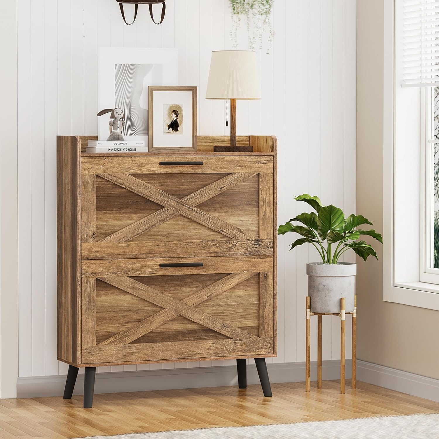 32" wide farmhouse shoe cabinet with 2 flip-top drawers and barn door design, adjustable shelves wourant