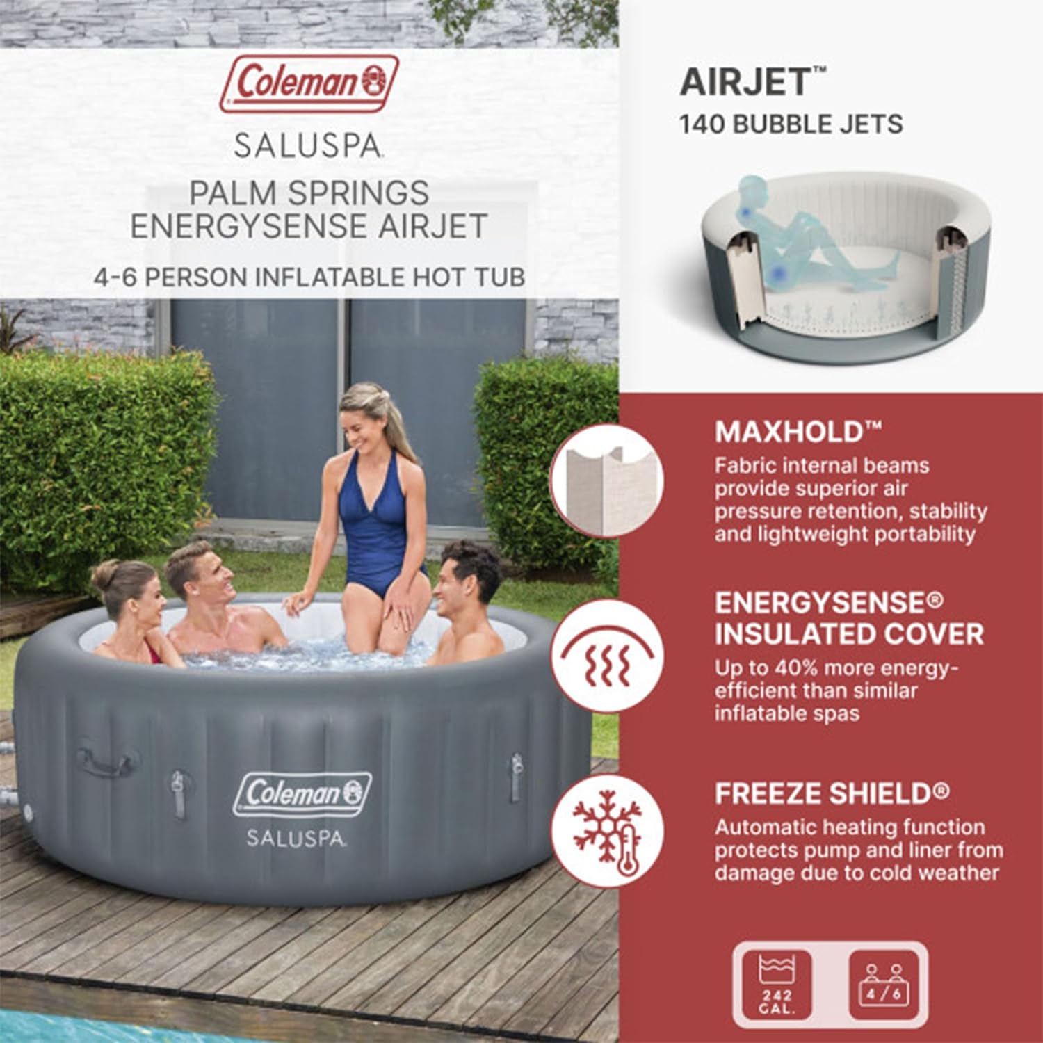 Bestway Palm Springs 4 to 6 Person EnergySense Smart AirJet Plus Inflatable Hot Tub Outdoor Spa with 140 AirJets and Insulated Cover wourant