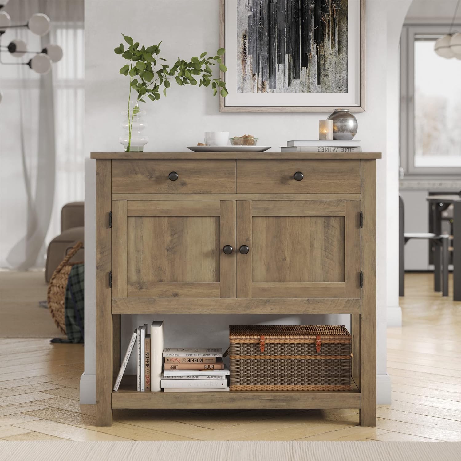 Farmhouse style console table coffee bar, entry table with storage rack, sofa table buffet sideboard wourant
