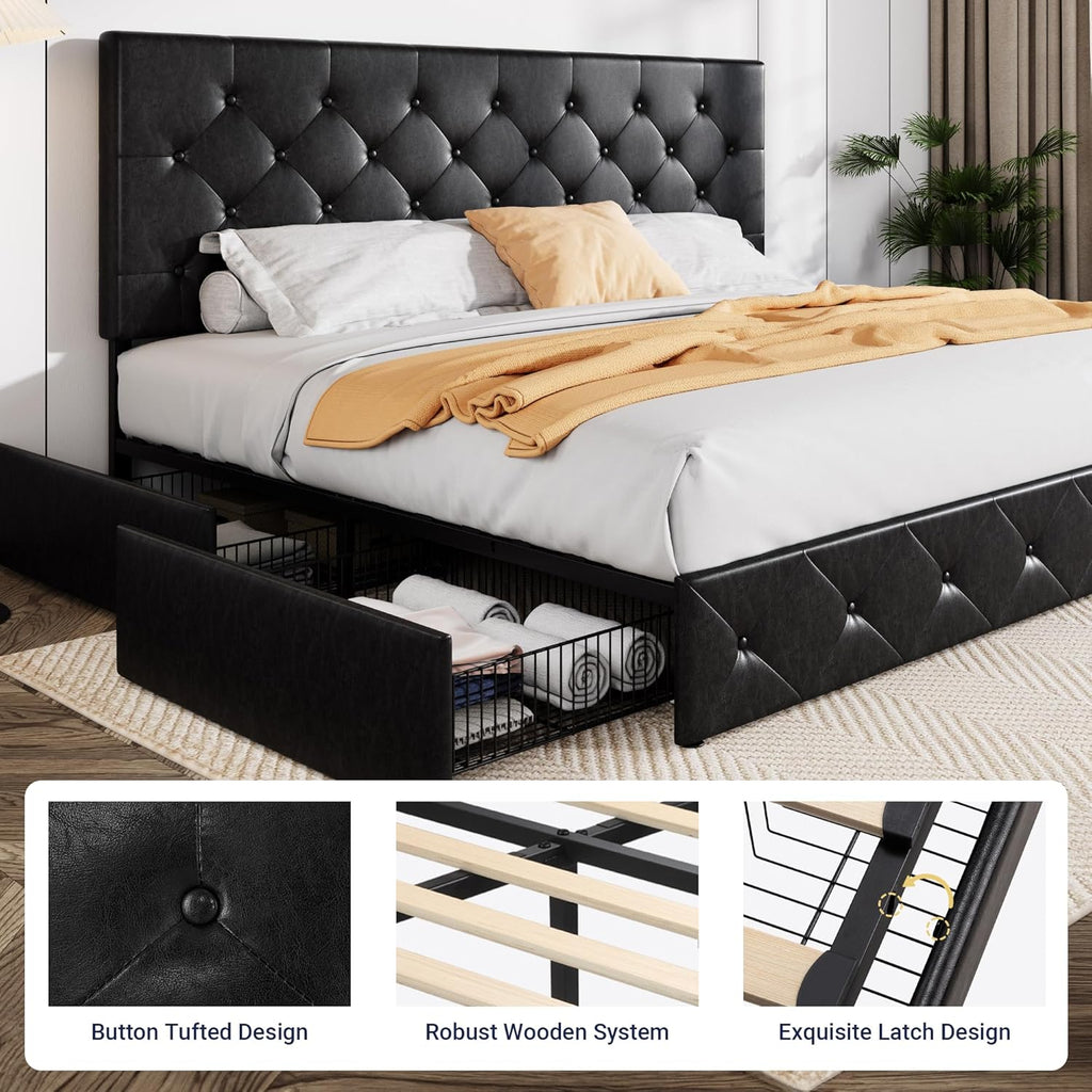 Allewie Upholstered Queen Size Platform Bed Frame with 4 Storage Drawers and Headboard wourant