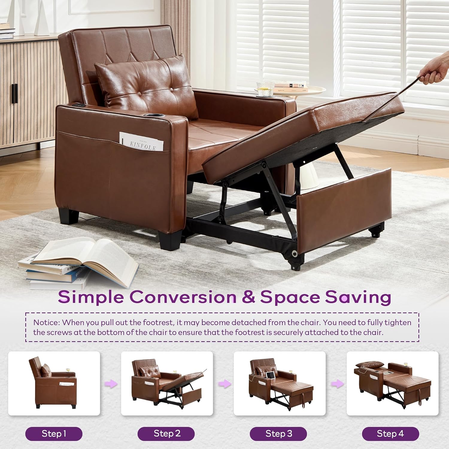 Adult Convertible Sleeper Chair Bed, 3-in-1 Pull-Out Sofa Bed with USB/Type-C Ports, Cup Holders, Side Pockets, Single Sofa wourant
