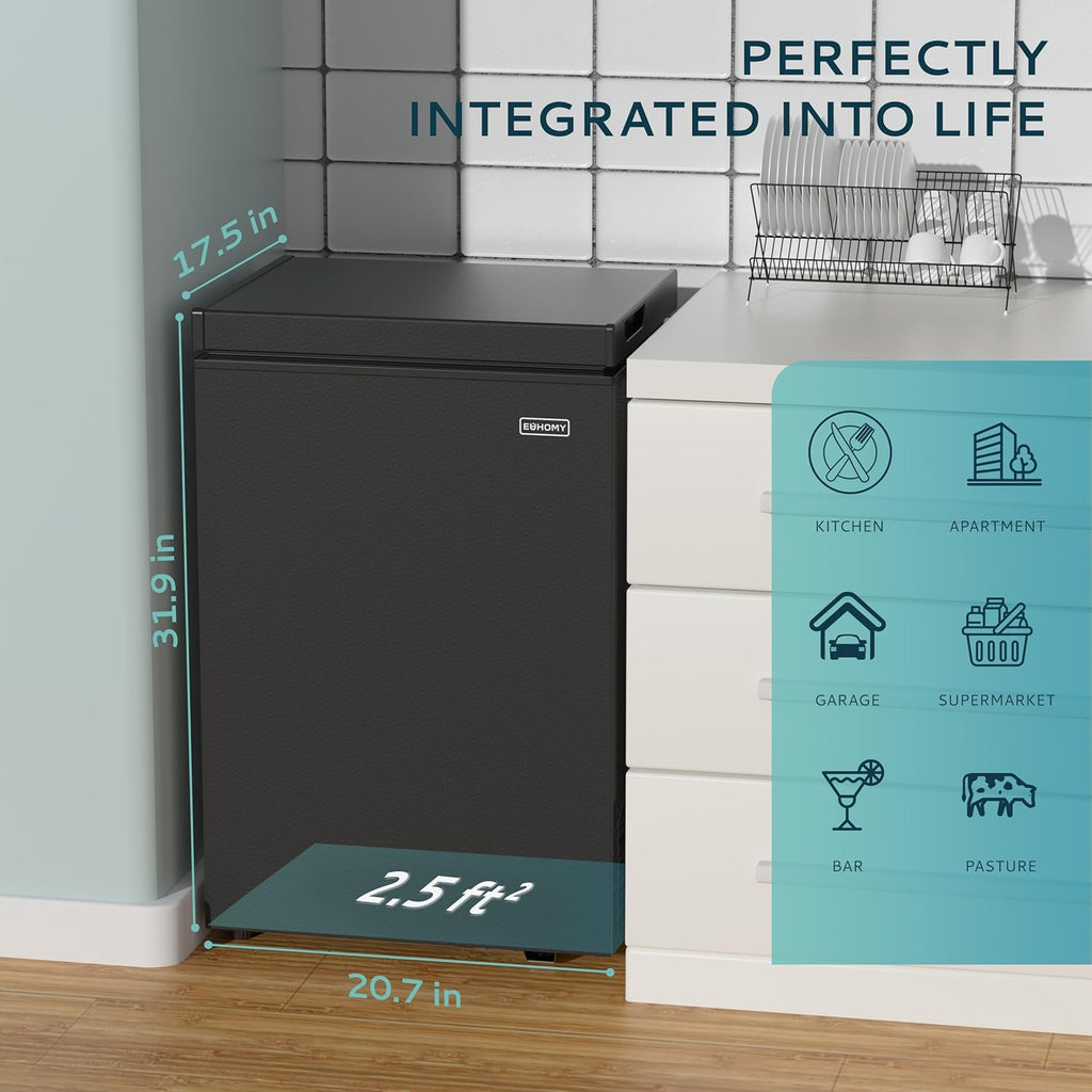 EUHOMY 3.5 Cu.Ft Chest Freezer with Removable Basket, Small Deep Freezer Adjustable 7 Thermostat, Quiet Mini Freezer Free-Standing Top Door, Energy Saving for Apartment/Garage/Basement/Dorm/Home,Black wourant