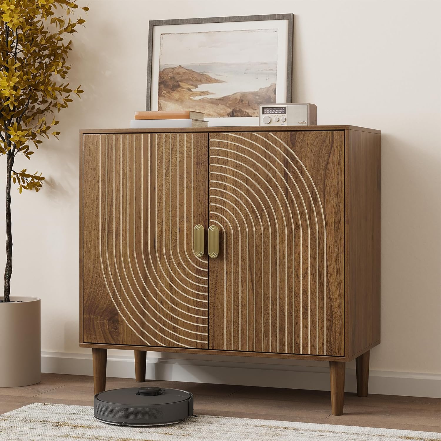 Smuxee Walnut Sideboard Cabinet, Freestanding Buffet Cabinet with Line Groove Design wourant