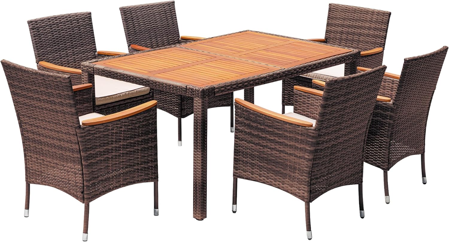 Devoko Dining 7 PCS Furniture, Patio Conversation Set with Acacia Wood Table Top, Rattan Outdoor, Black wourant