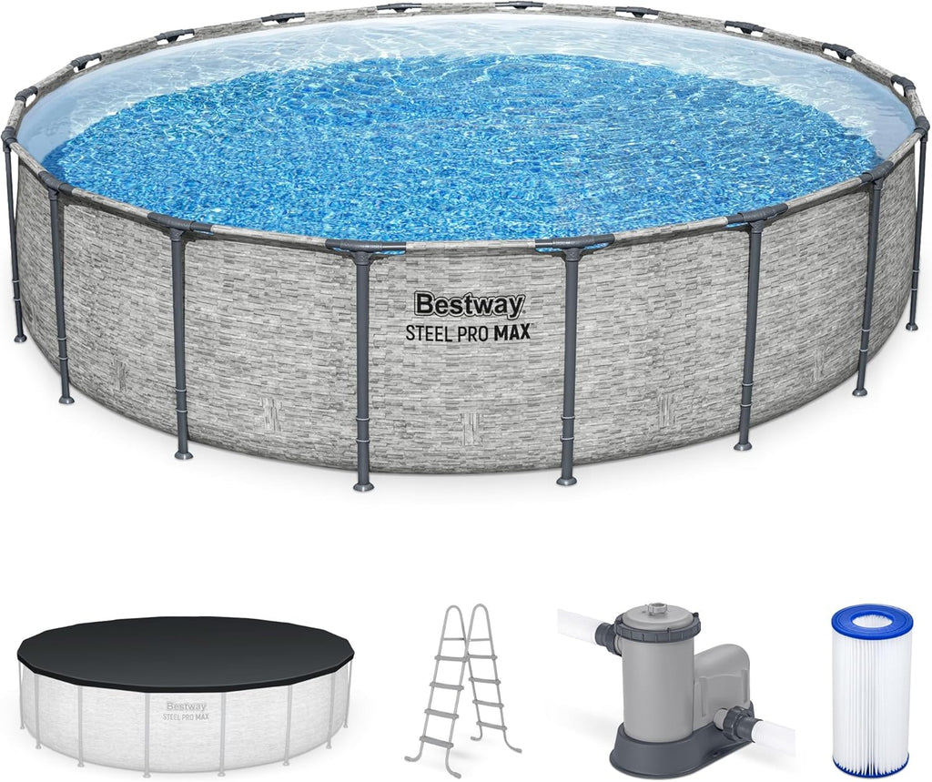 Steel Pro MAX 14 Foot x 48 Inch Round Metal Frame Above Ground Outdoor Swimming Pool Set with 1,000 Filter Pump, Ladder, and Cover, Gray wourant