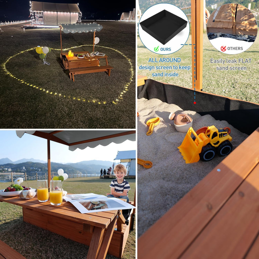 Wooden Kids Sandbox with Lid Outdoor Sand Box with Picnic Table Foldable, Sandpit with Cover Ages 4-8, Adjustable Canopy Bottom Liner for Backyard Garden wourant