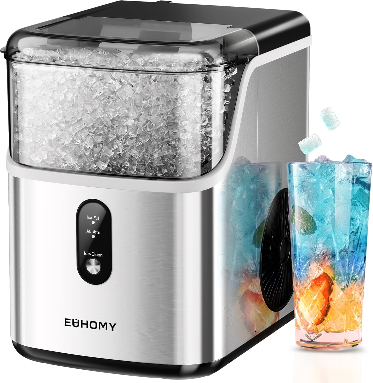 EUHOMY Nugget Ice Maker Countertop, Ready in 7 Mins, 34Lbs/24H Pebble Ice Maker Machine, Self-Cleaning Countertop Sonic Ice Makers with Ice Scoop&Basket, Pellet Ice Maker for Home, Stainless Steel woonhhop