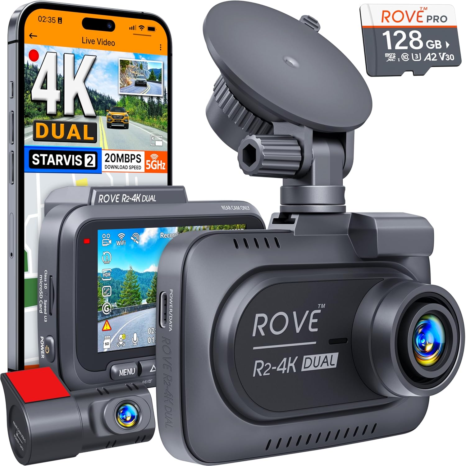 Driving recorder dual instrument cam front and rear, Starvis 2 sensor, free 128GB card, 5G WiFi - fastest download speed for up to 20mb/s App, 3-inch IPS, 24H parking mode wourant