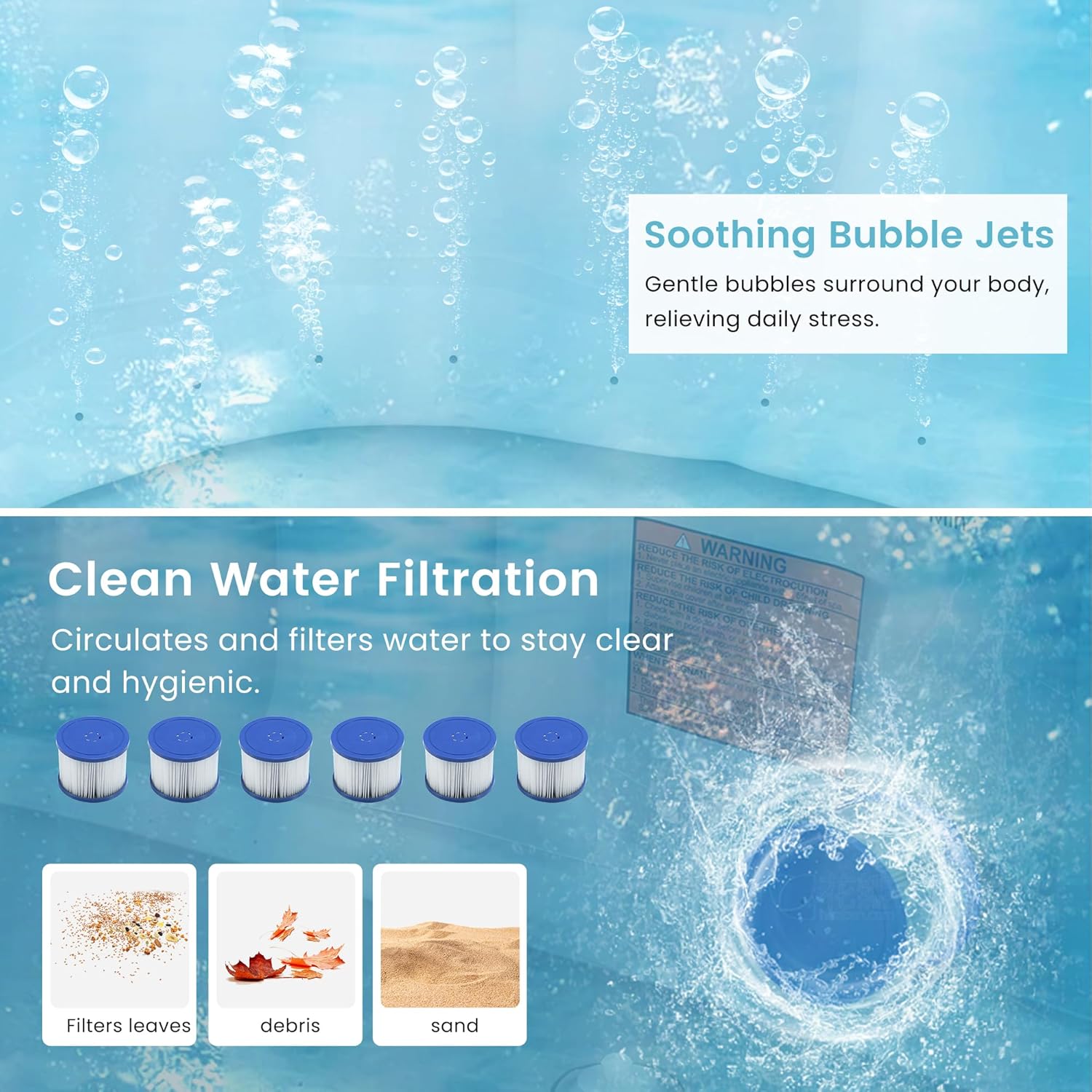 4-6 Person Inflatable Hot Tub, Portable Outdoor Spa with 130 Air Jets, Circulation Heating wourant