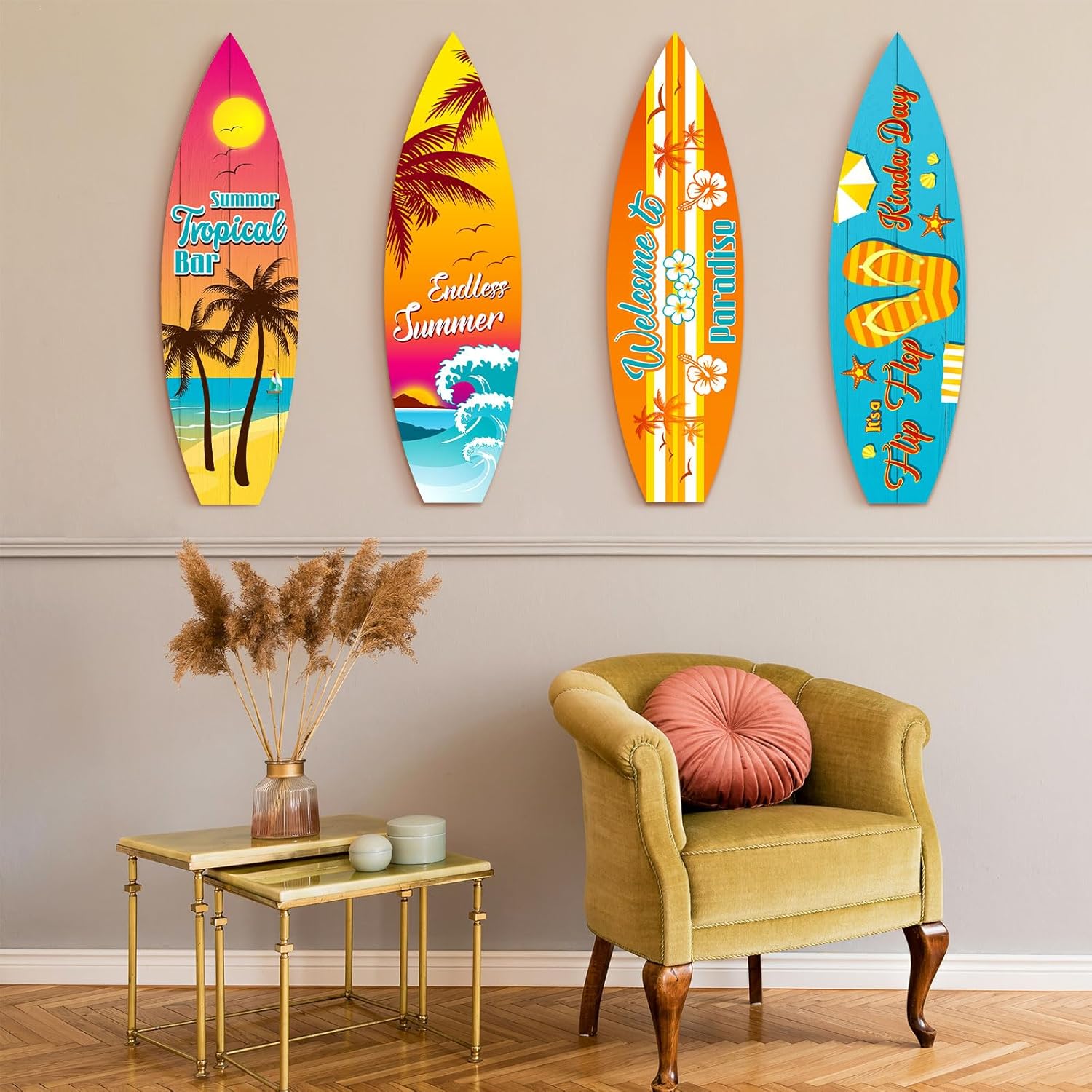 Blulu 4 Pcs Surfboard Wall Decor Surfboard Wall Hanging Sign Wooden Beach Decoration Summer Theme Decor Hawaiian Luau Party Decoration for Home Bar Aloha Tropical Birthday Party(Tiki) wourant