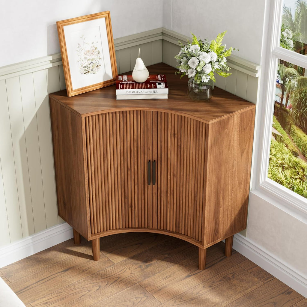 Fluted corner cabinet, small corner base cabinet modern wooden storage organizer wourant