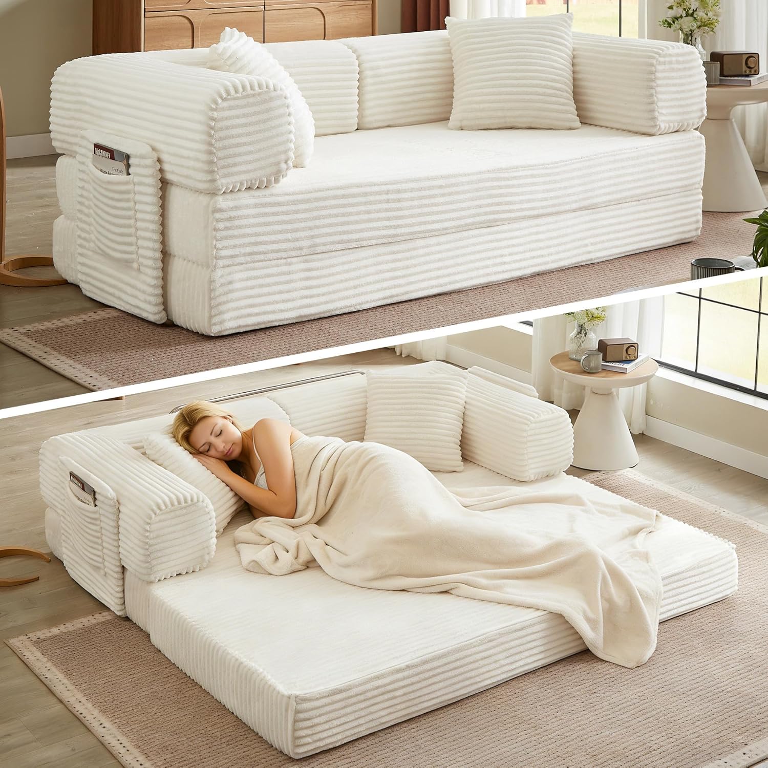 Boneless Couch Folding Couches for Living Room Sofa, Futon Sofa Bed with Sleeper Sofa, Futon Couch with Fixed-Shape Oversized Corduroy Upholstered (White, 81 Inches) wourant
