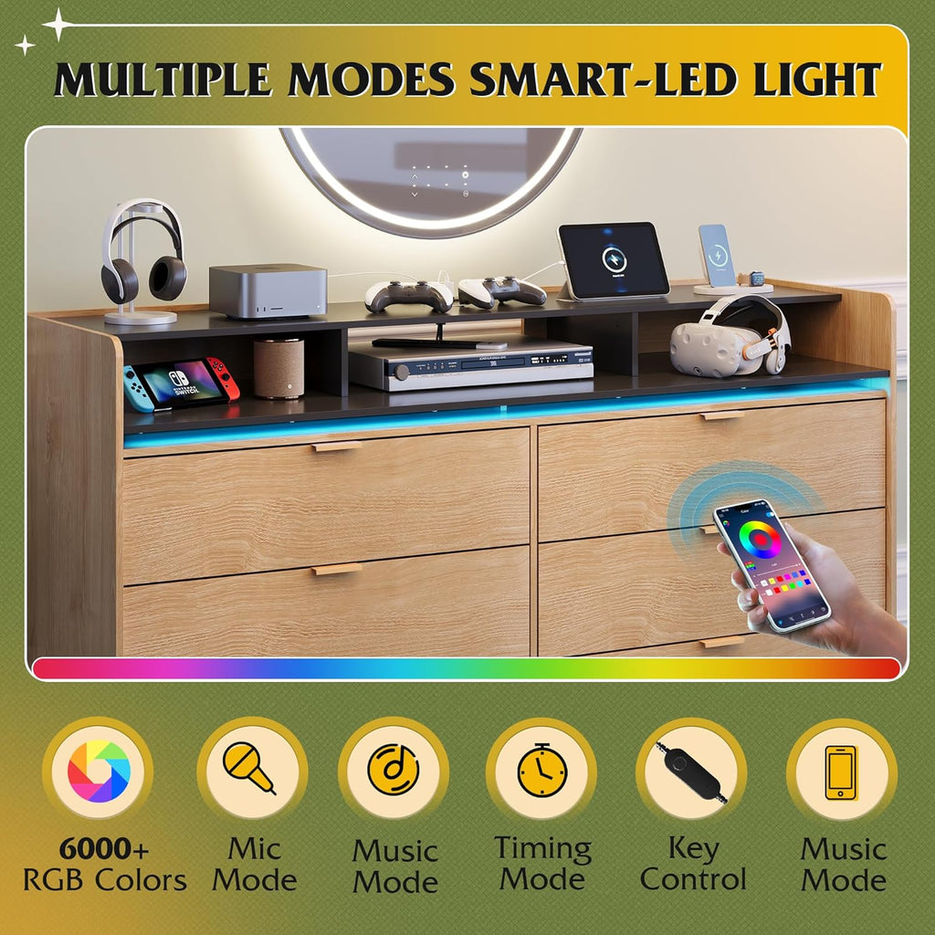 9 Drawer Led Dresser for Bedroom, 58.35'' Wide Wood Dresser Storage Organizer with Power Outlets for 65'' TV, Dressers with Open Shelves wourant