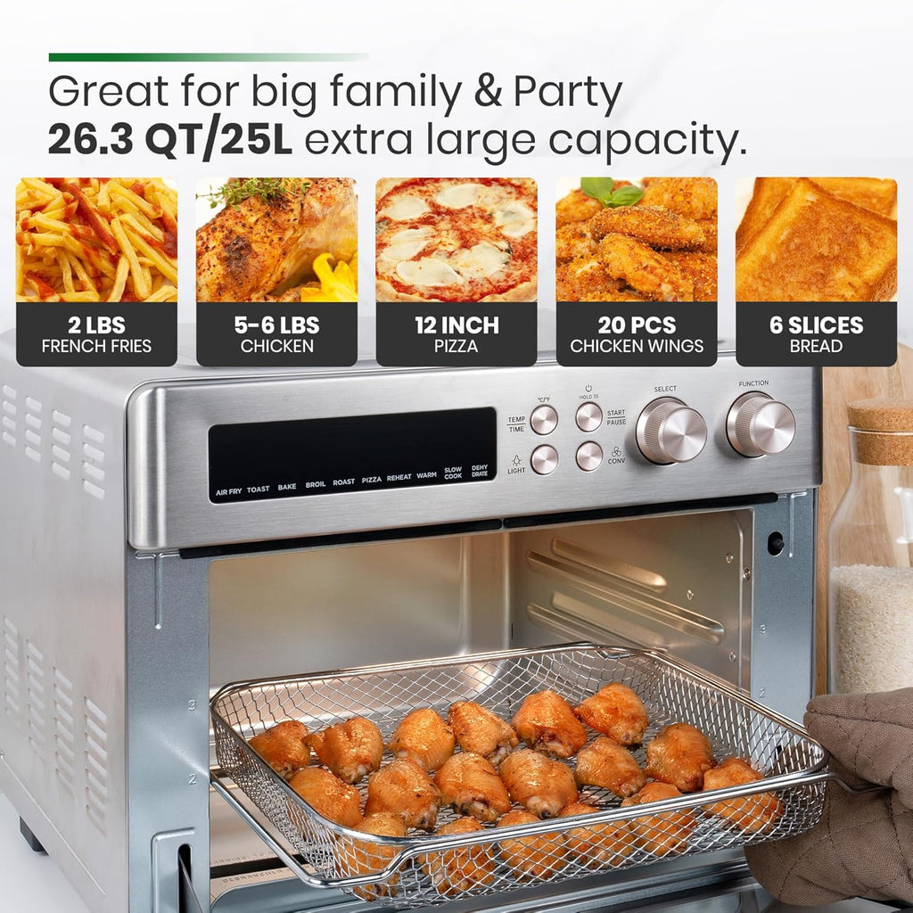 Infrared Heating Air Fryer Toaster Oven, Extra Large Countertop Convection Oven 10-in-1 Combo, 6-Slice Toast, Enamel Baking Pan Easy Clean with Recipe Book, Black Matte Stainless Steel wourant