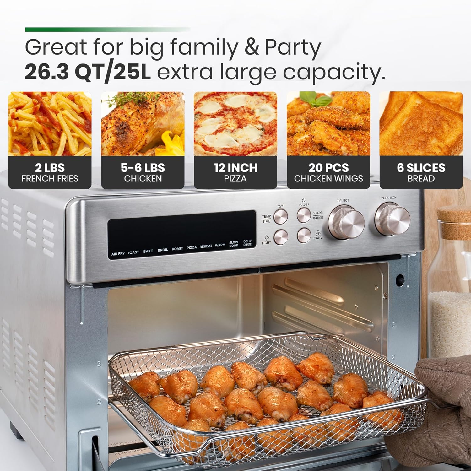 Infrared Heating Air Fryer Toaster Oven, Extra Large Countertop Convection Oven 10-in-1 Combo, 6-Slice Toast, Enamel Baking Pan Easy Clean with Recipe Book, Black Matte Stainless Steel wourant