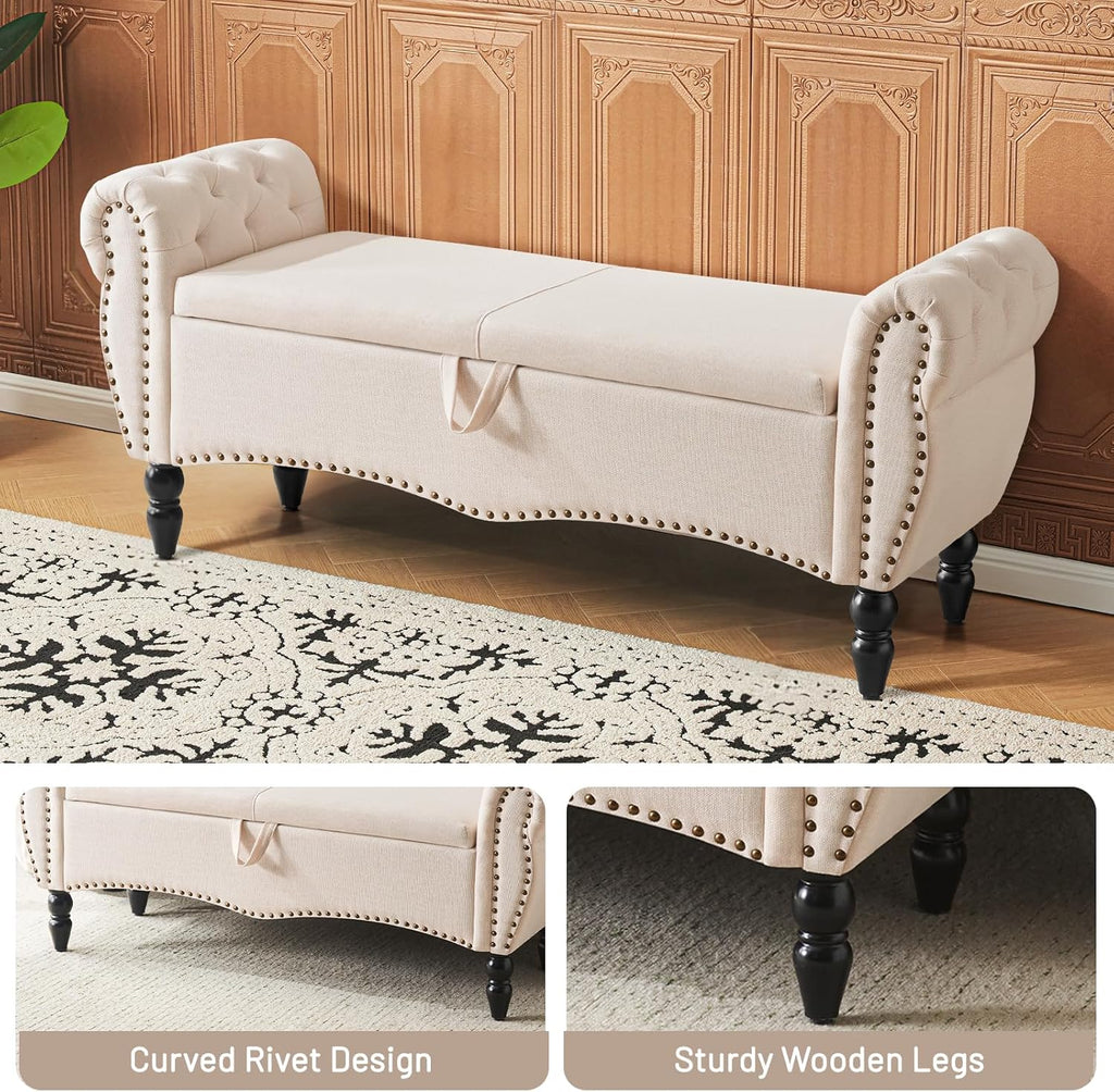 Furniliving Modern Storage Ottoman Bench, Sherpa Ottoman End of Bed Bench with Solid Wood Legs Upholstered Ottoman Benches with Storage Indoor Bench wourant
