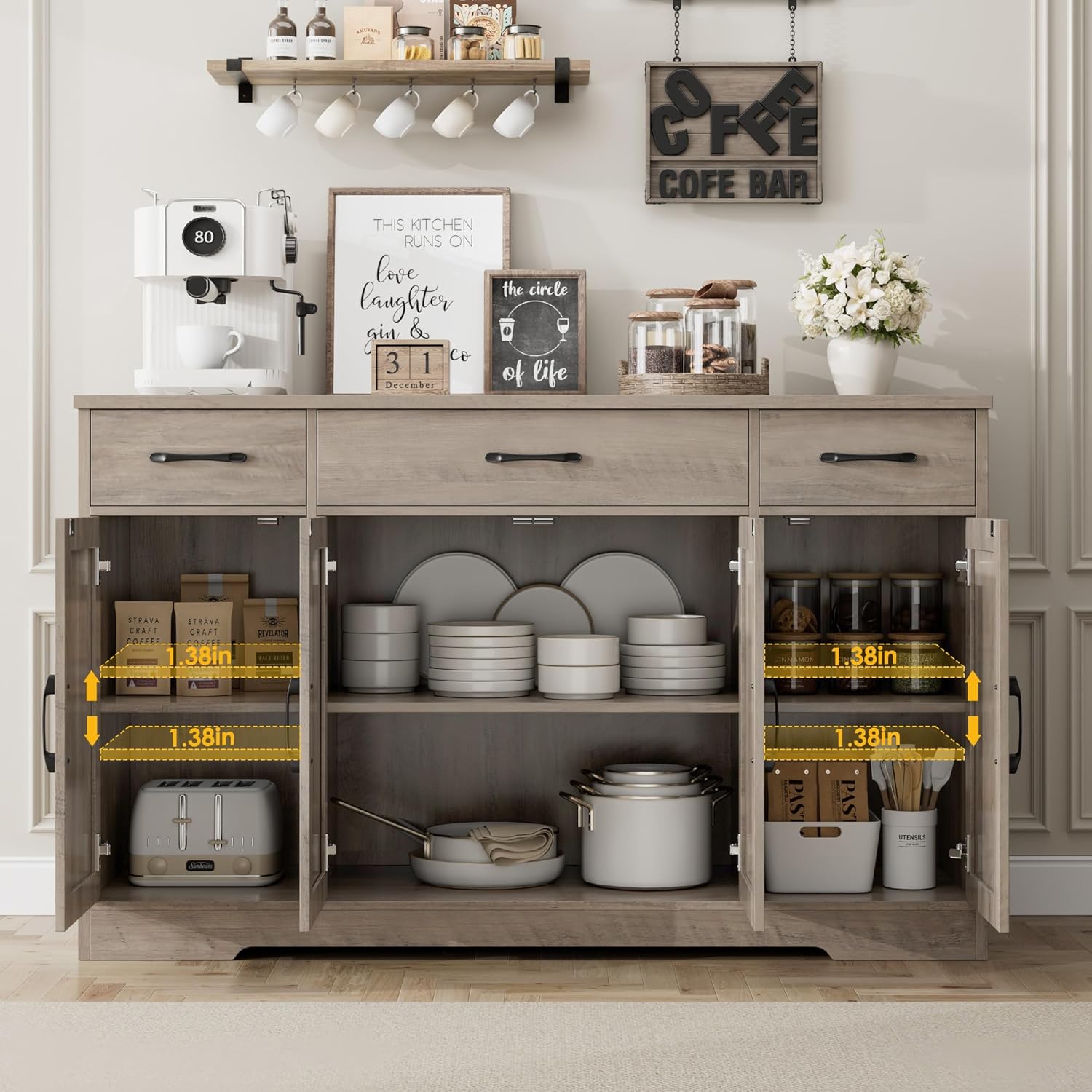 HOSTACK Buffet Cabinet with Drawers, 55" Large Sideboard Buffet Storage Cabinet with Shelves and Doors, Modern Farmhouse Coffee Bar Station Wood Kitchen Table for Kitchen, Dining Room, White/Rustic wourant
