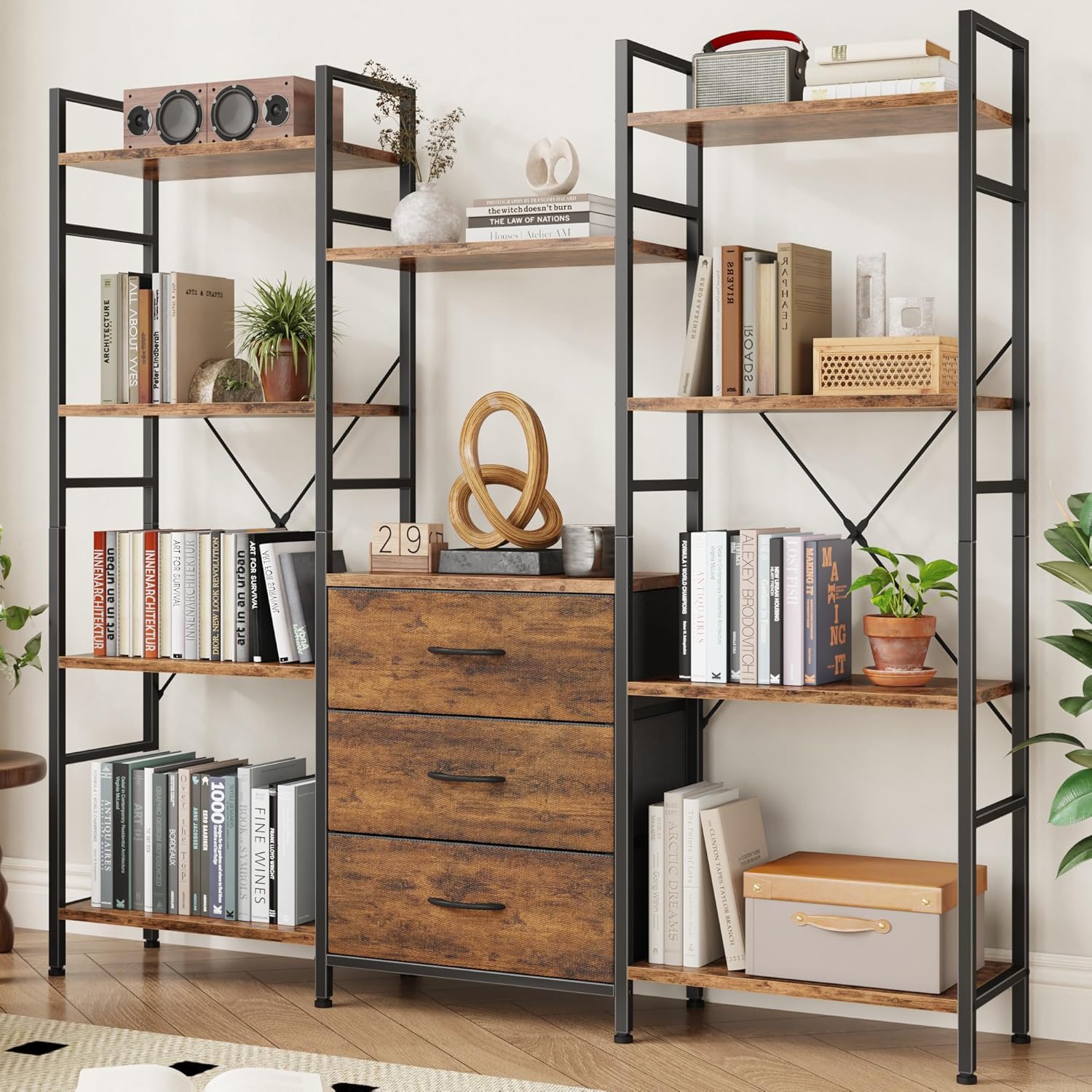 AFLUI Triple Bookshelf 3 Fabric Drawers 4-Tier Book Shelf 10 Display Shelves Industrial Bookcase wourant