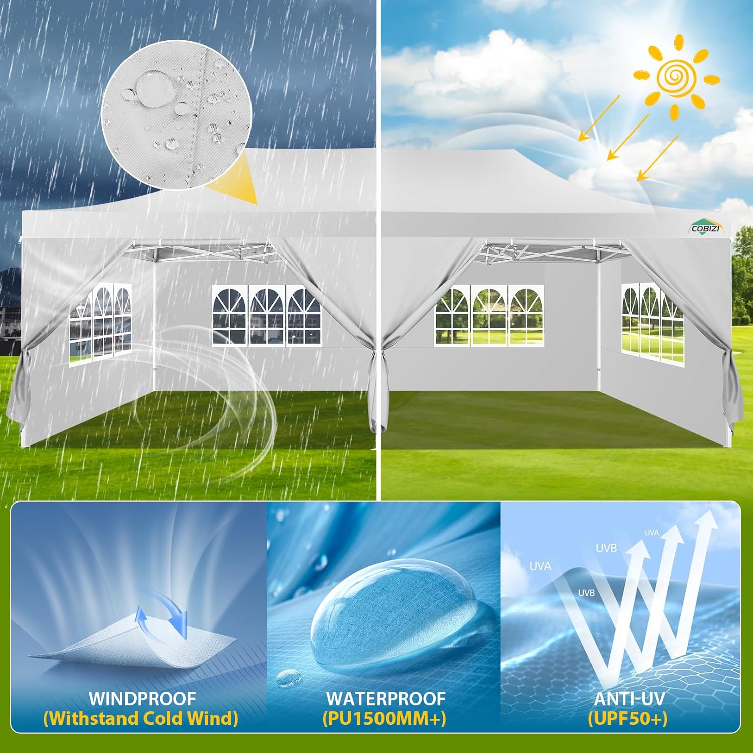 COBIZI 10x20 Heavy Duty Pop up Canopy Tent with 6 sidewalls Easy Up Commercial Outdoor Canopy Wedding Party Tents for Parties All Season Wind & Waterproof Gazebo with Roller Bag,Black(Frame Thickened) wourant