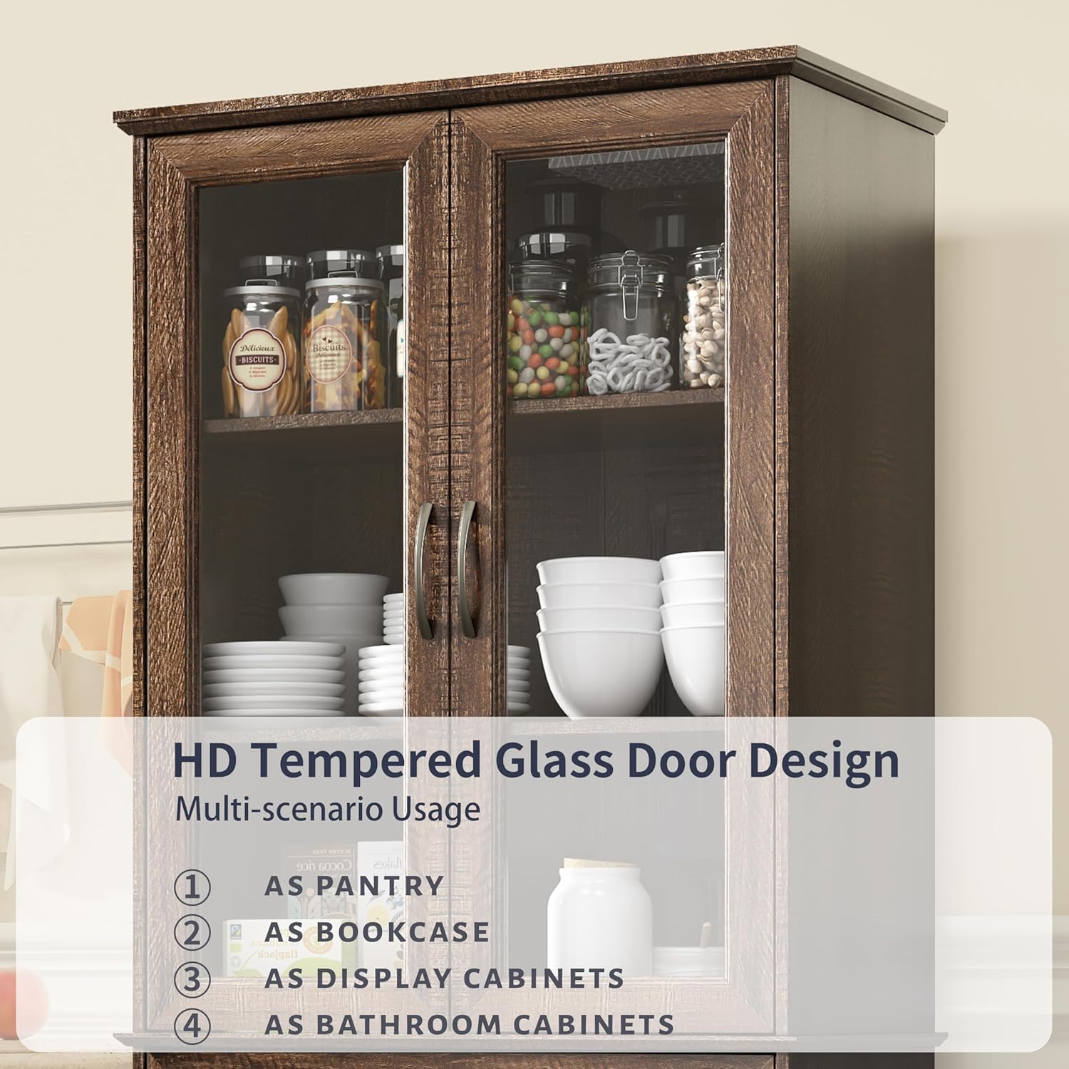 Kitchen Hutch Pantry Cabinet 71" Tall with Glass Doors wourant