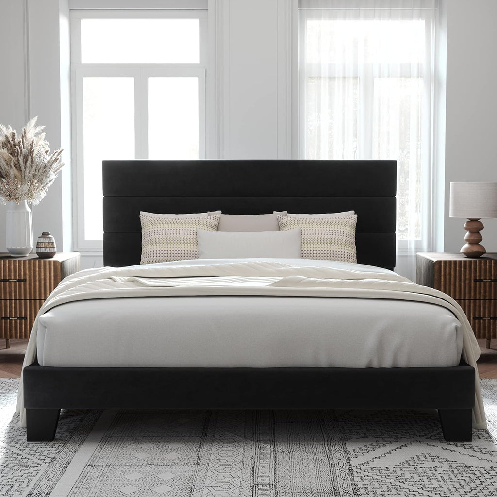 Allewie Queen Size Platform Bed Frame Fabric Upholstered Headboard Wooden Slats Support wourant