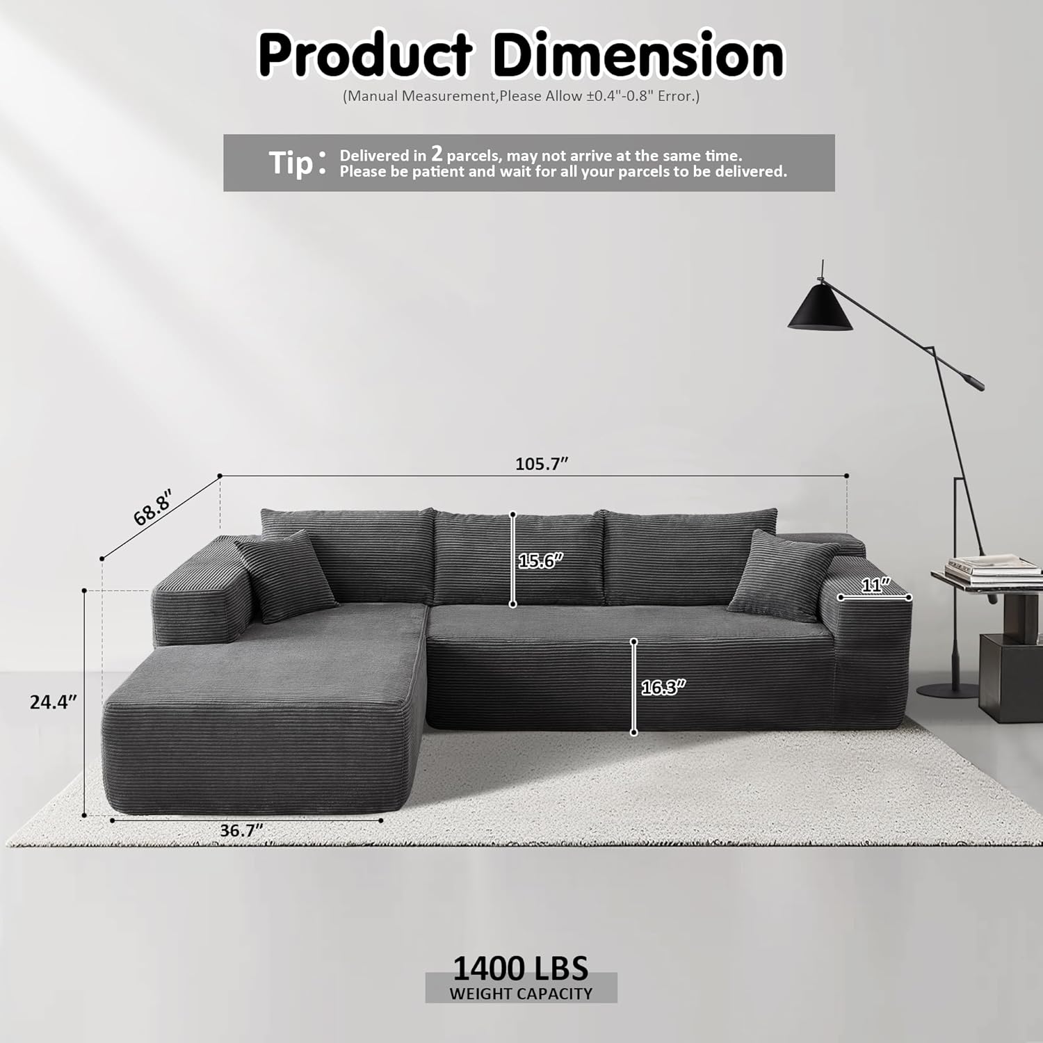 Ovios 104" Cloud Section Sofa L-shaped lounge chair, modern modular sofa wourant