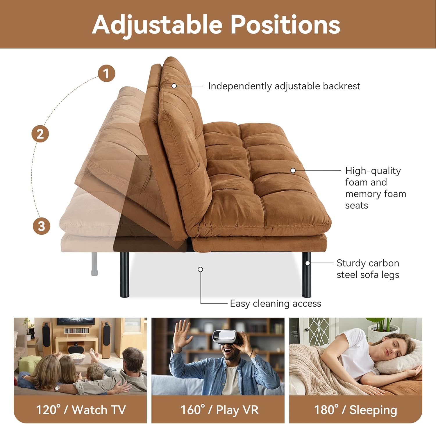 Amazon Basics Brown Loveseat,Convertible Couch Memory Foam Futon Sofa Bed Modern Sleeper Sofa for Small Compact Living Room,Office,Apartment, Linen Fabric wourant
