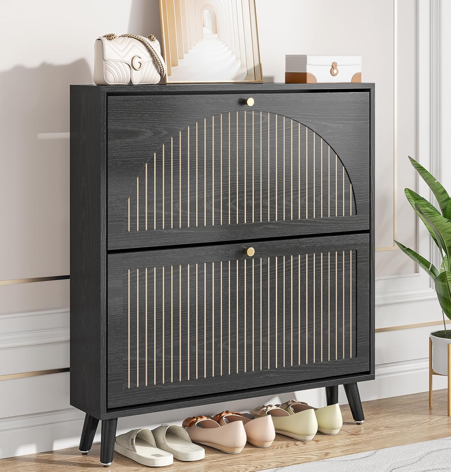Entrance shoe cabinet with 2 flip-top drawers, narrow wooden shoe cabinet with fluted panels wourant