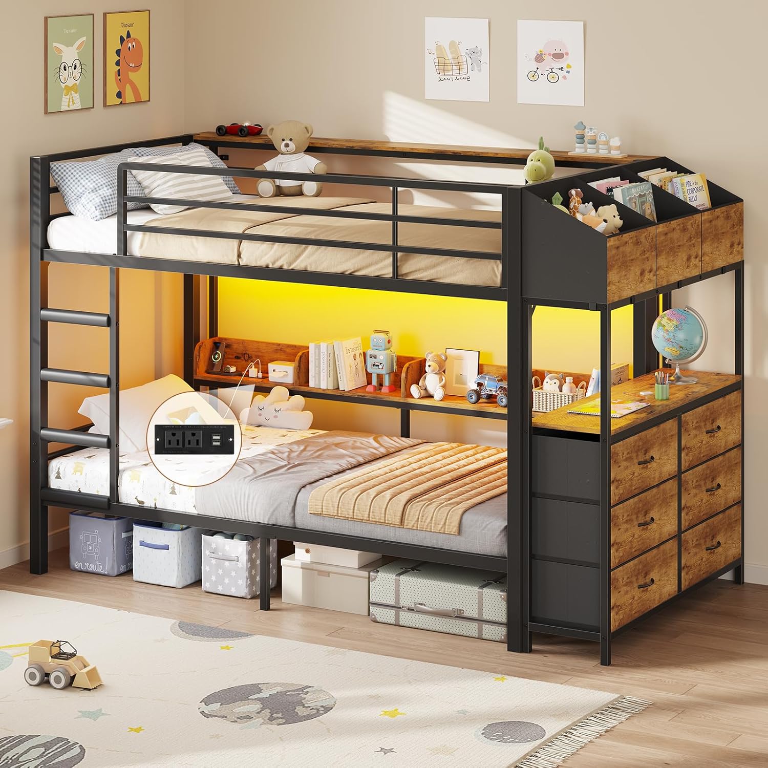 DICTAC Bunk Bed with L-Shaped Desk 5 Storage Drawers and 2 Shelves Metal Twin XL wourant