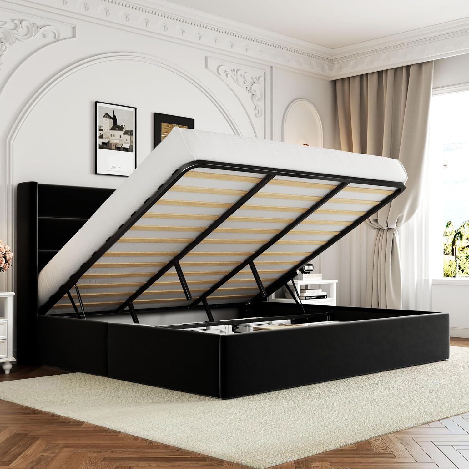 Allewie Queen Size Lift Up Storage Bed Modern Wingback Headboard Hydraulic Support wourant
