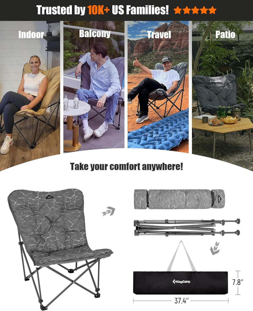KingCamp Butterfly Chair, Oversized Thick Padded Comfy Camping Chairs Portable Folding Chair 400lbs Heavy Duty Seat with High Backrest & Carry Bag for Outdoor Indoor Patio Lawn Home Living Bed Room wourant