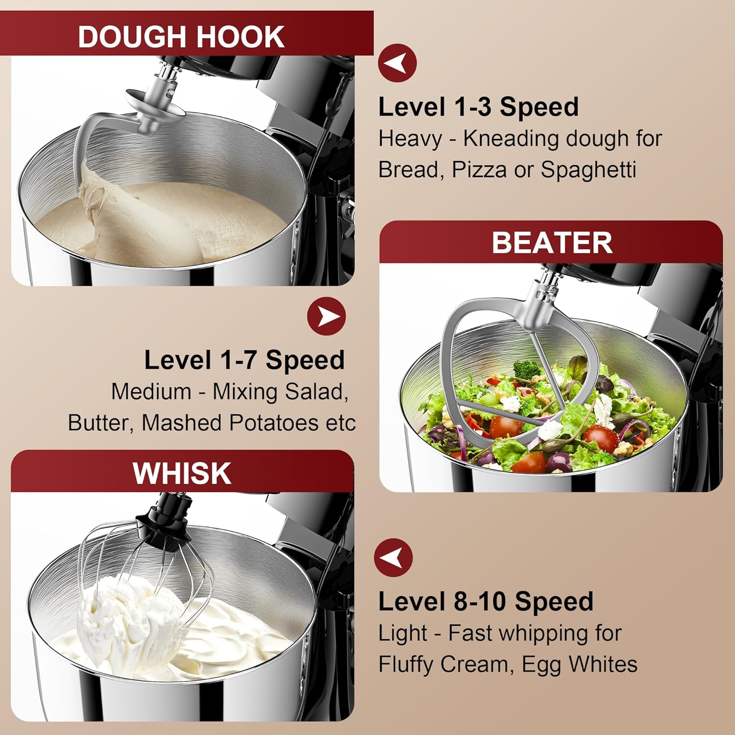 10-Speed Stand Mixer with 8-in-1 Splash Guard, Tilt Head, 6-Quart Stainless Steel Bowl + Dishwasher-Safe Dough Hook/Whisk/Blender/Scraper wourant