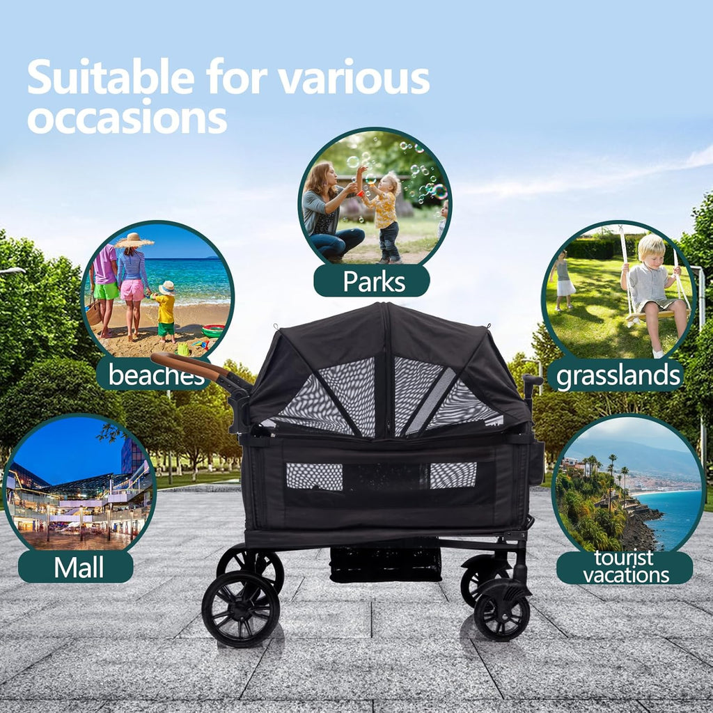 Wagon Stroller for 2 Kids & Cargo-Travel Stroller Push-Pull Double Wagon Lightweight Folding Stroller for Newborn&Toddler with 5-Point Harness,Adjustable Handle Bar and Canopy,Tray Table,Cup Holder wourant