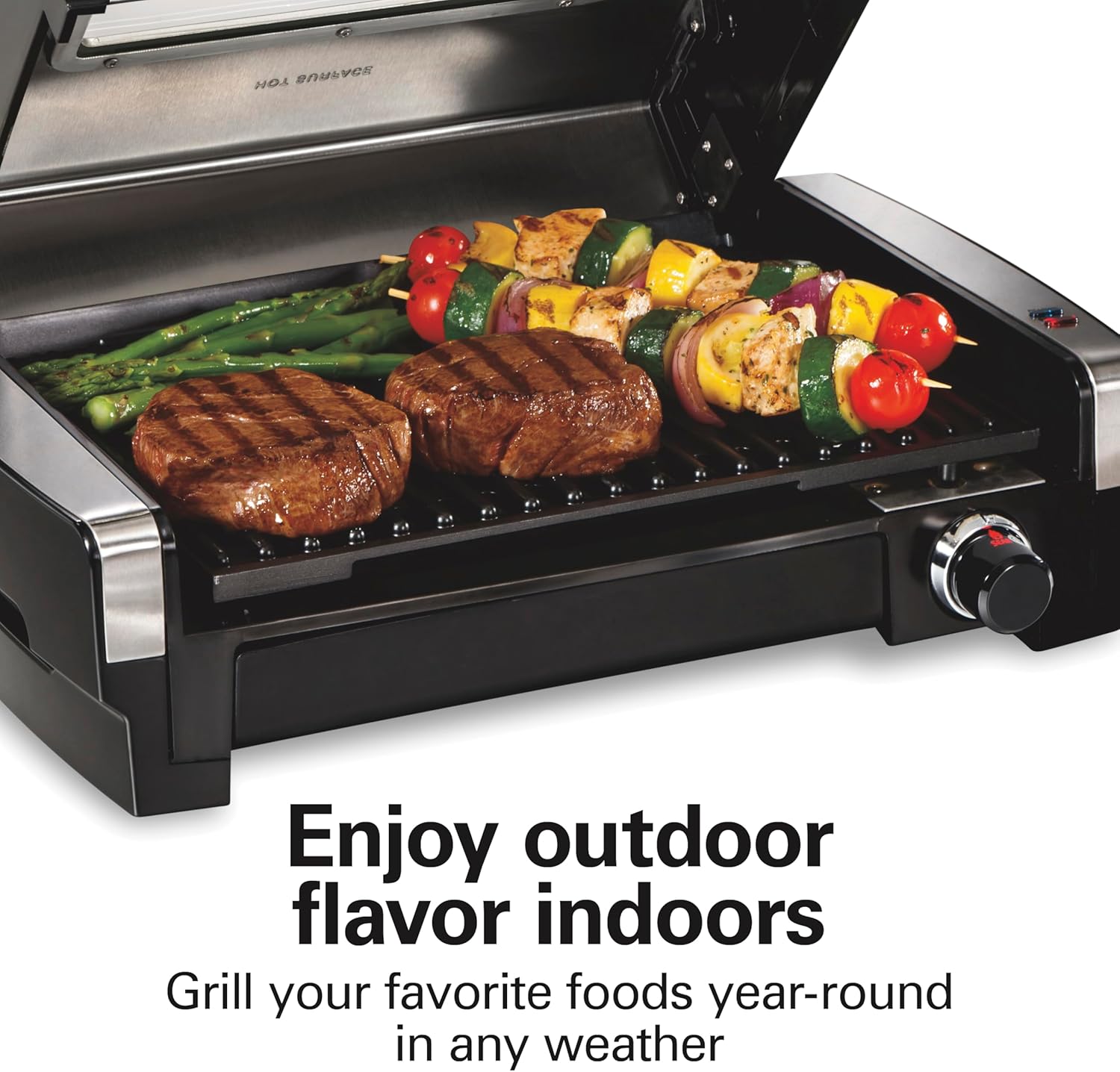 Electric Indoor Searing Grill with Viewing Window & Adjustable Temperature Control to 450F, 118 sq. in. Surface Serves 6, PFAS-Free Removable Nonstick Grate, Stainless Steel wourant